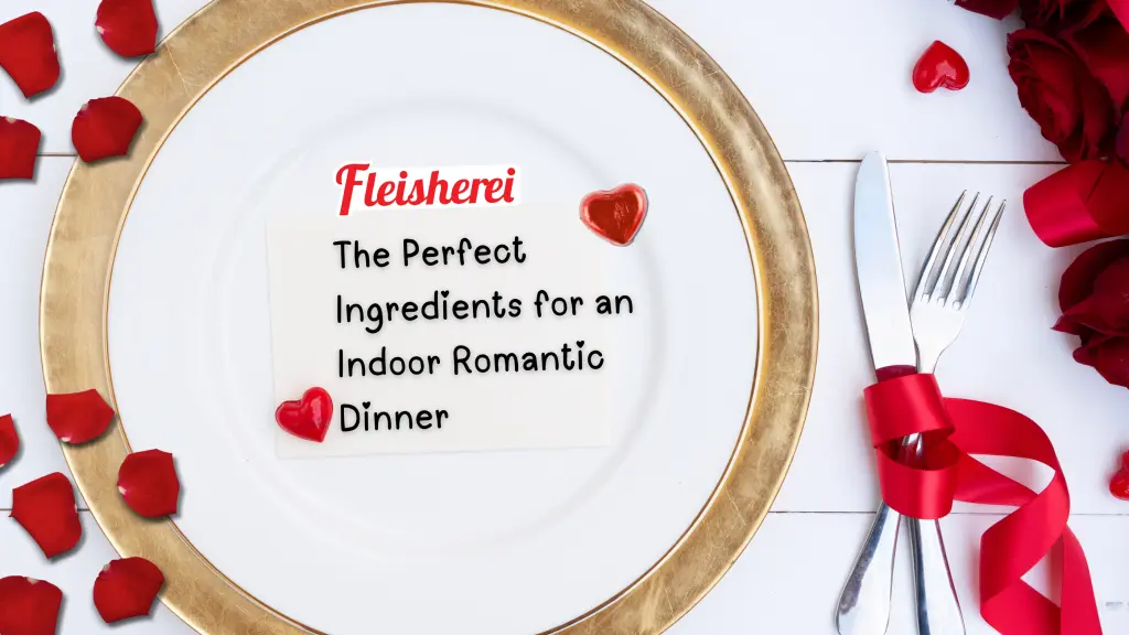 "Elegant Valentine's Day dinner setup with a romantic message on a plate, red roses, heart decorations, and cutlery tied with a red ribbon.